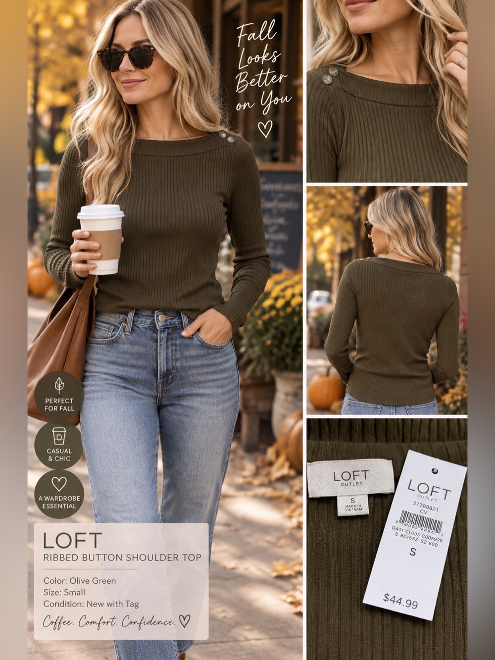 LOFT Olive Green Ribbed Button Shoulder Long Sleeve Top Small NWT